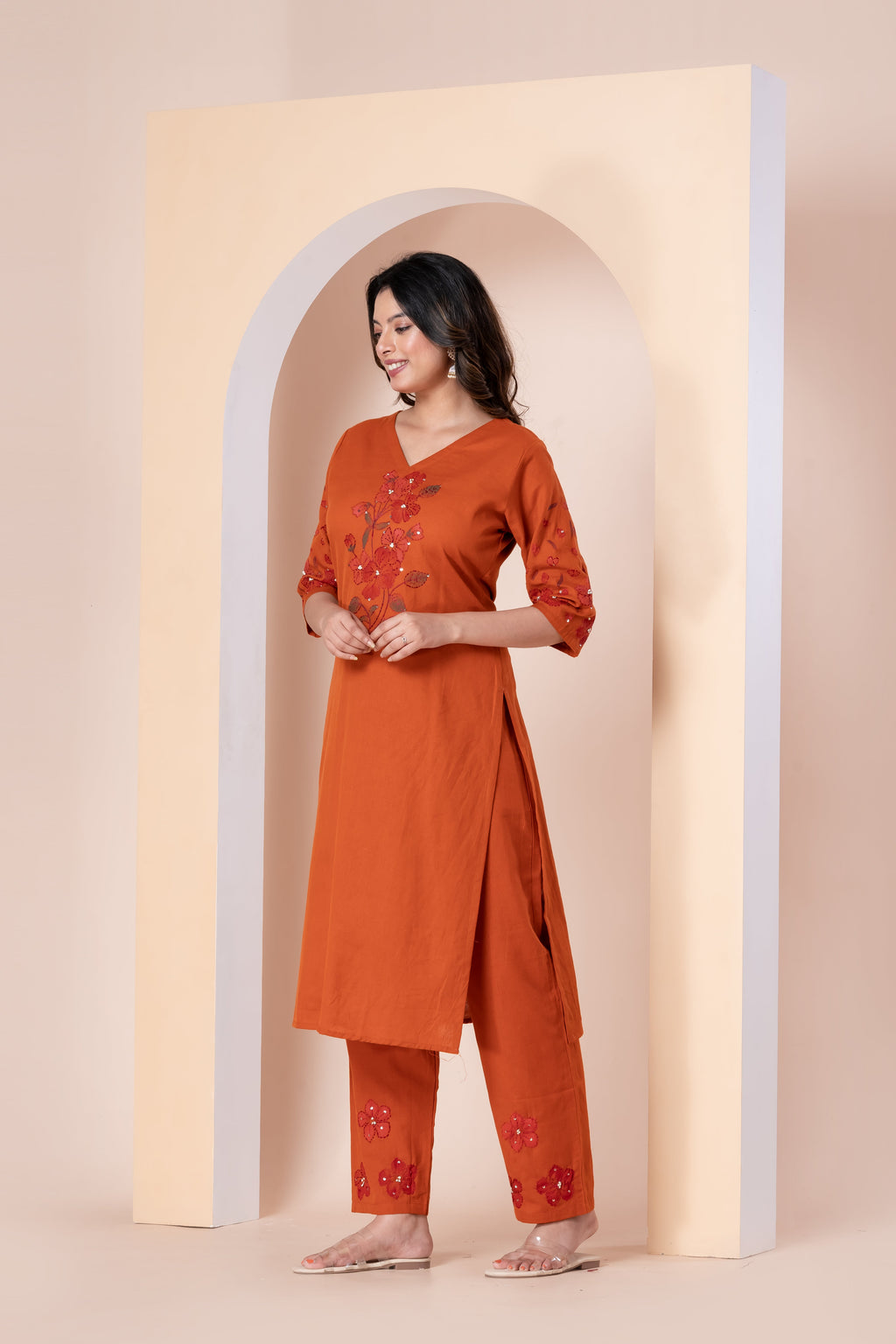 Rust Orange Embroidered Kurta Set with Straight Pants