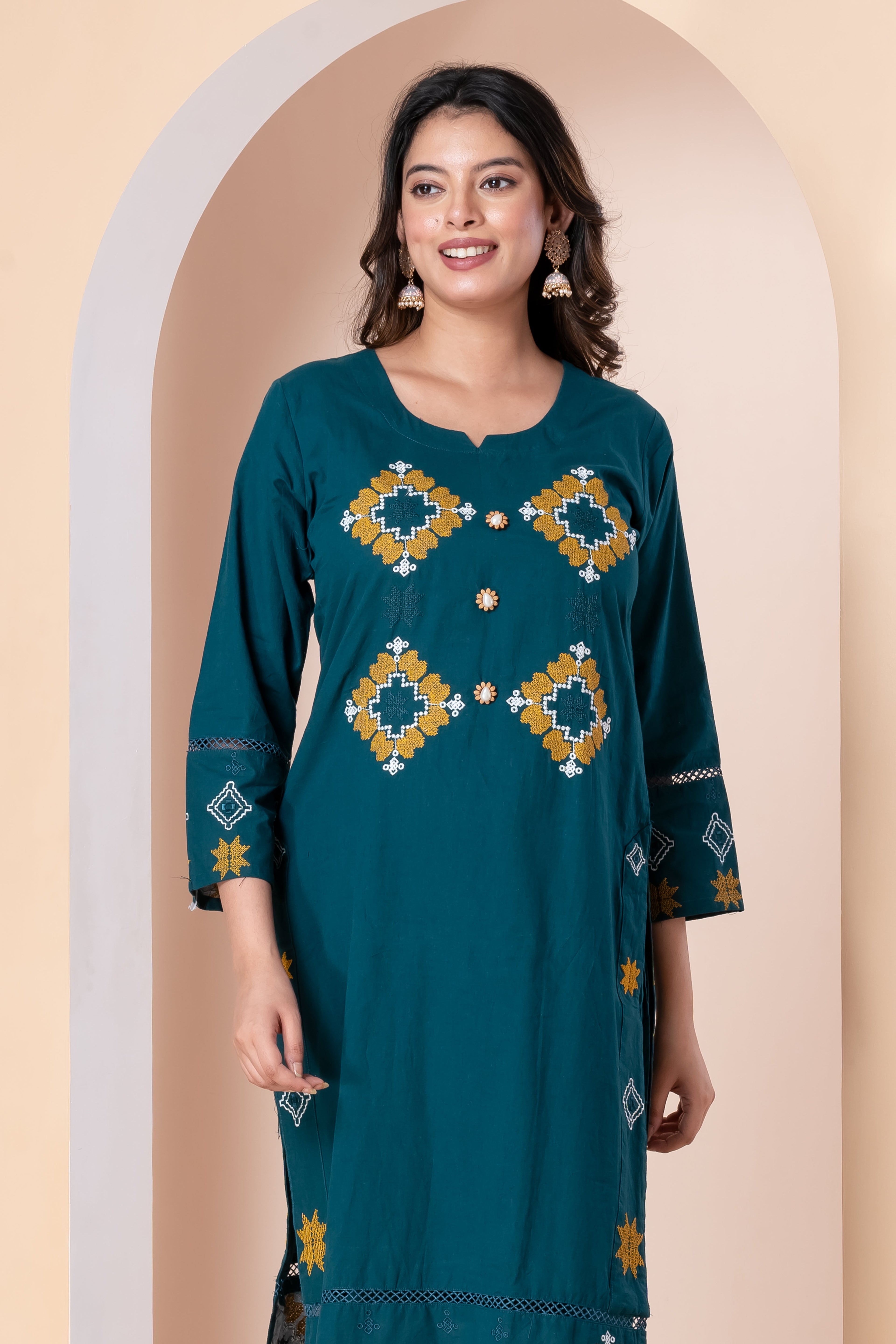 Teal Green Embroidered Kurti Set with Pant