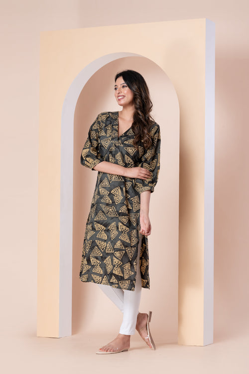 Charcoal Grey Geometric Printed Kurta – Minimal