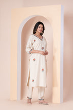 Off-White Floral Embroidered Kurti Set with Pant