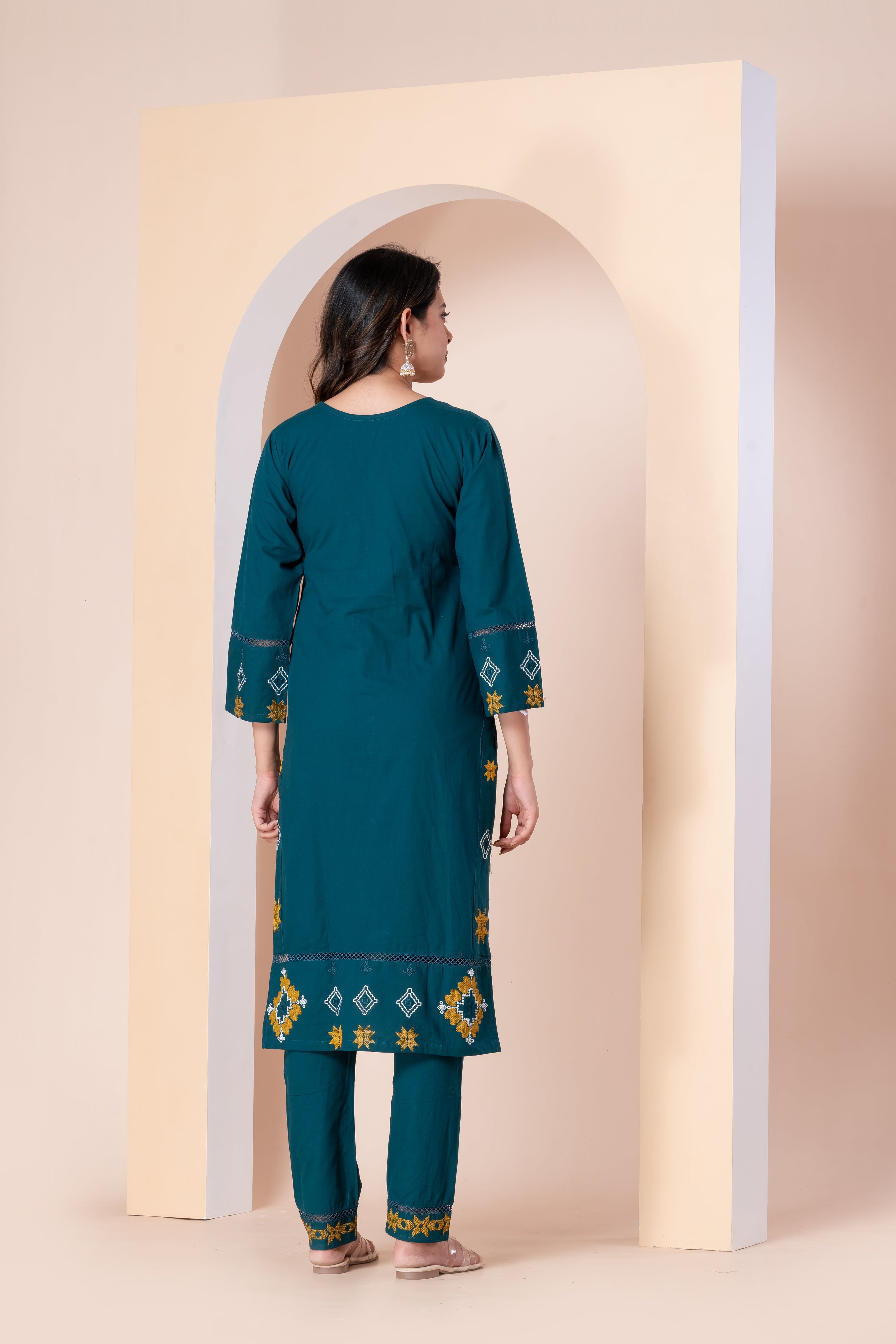 Teal Green Embroidered Kurti Set with Pant