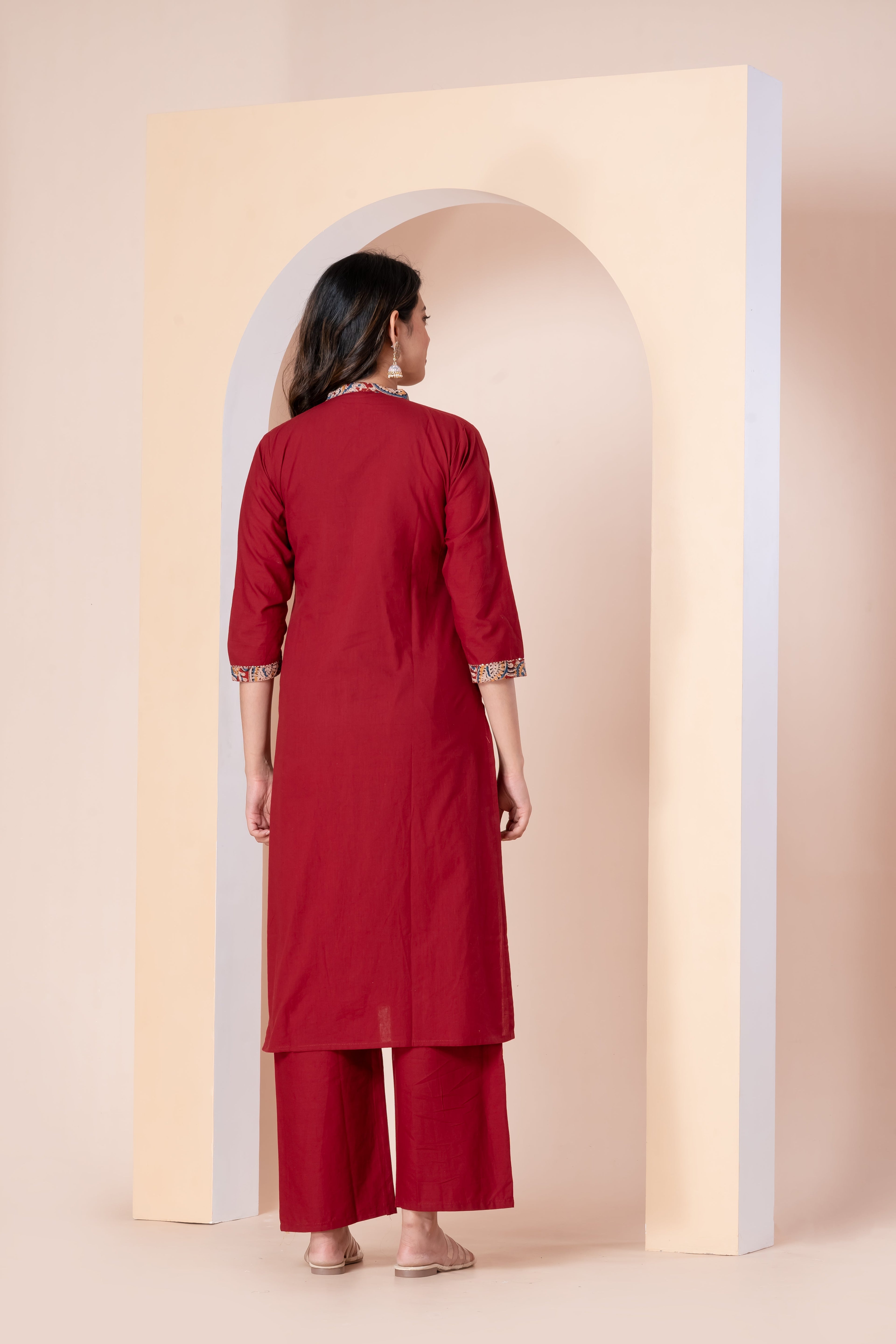 Maroon Red Printed Yoke Kurti Set with Pant