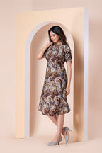 Brown Tie-Dye Printed A-Line Dress with Front Buttons