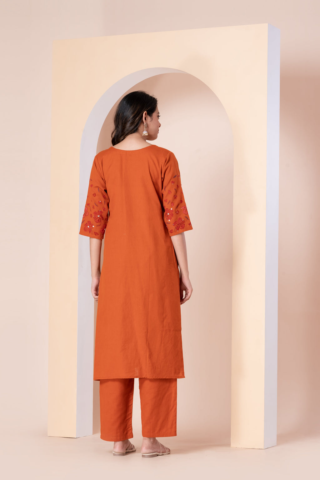 Rust Orange Embroidered Kurta Set with Straight Pants