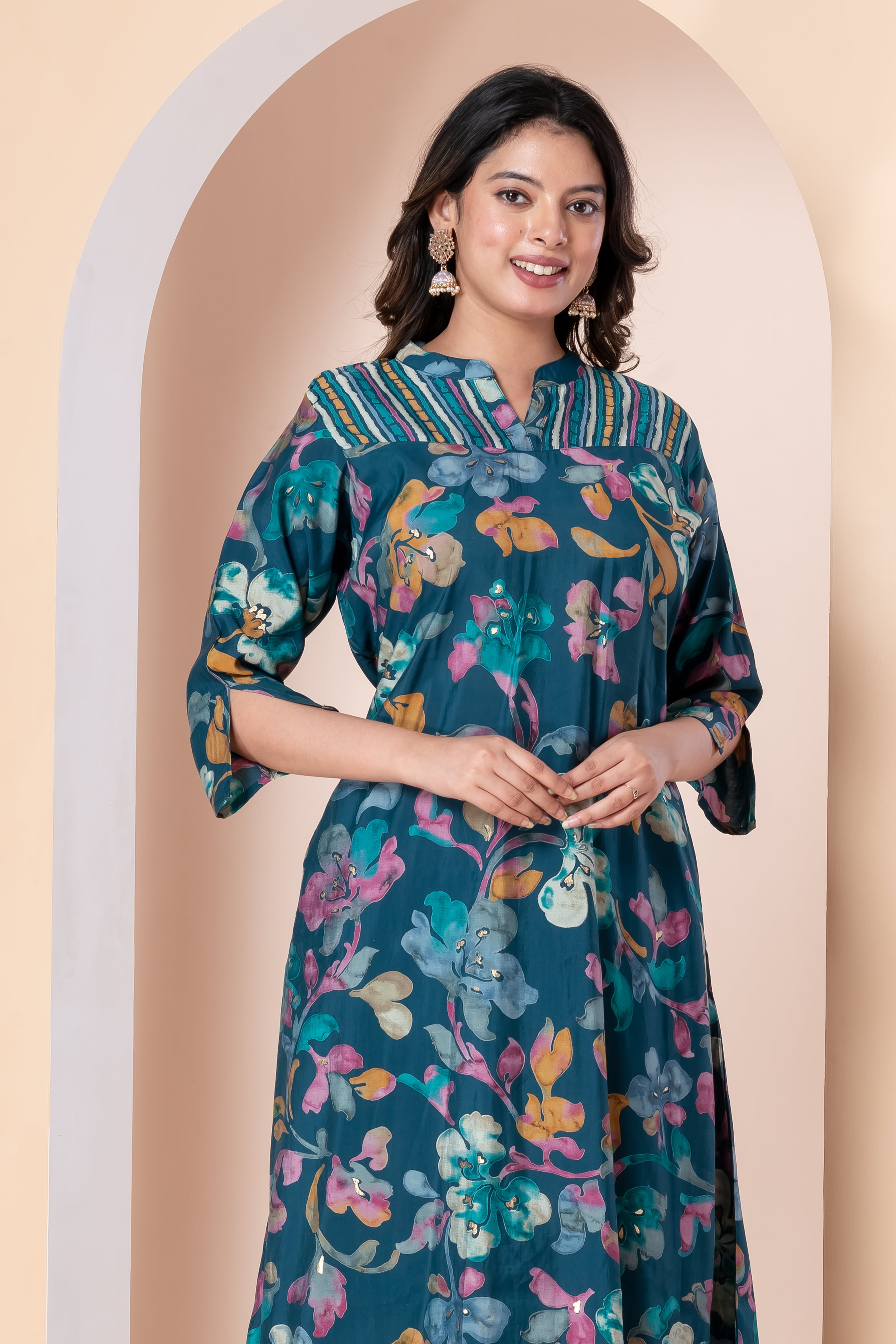 Teal Floral Printed Kurta Set with Striped Palazzo