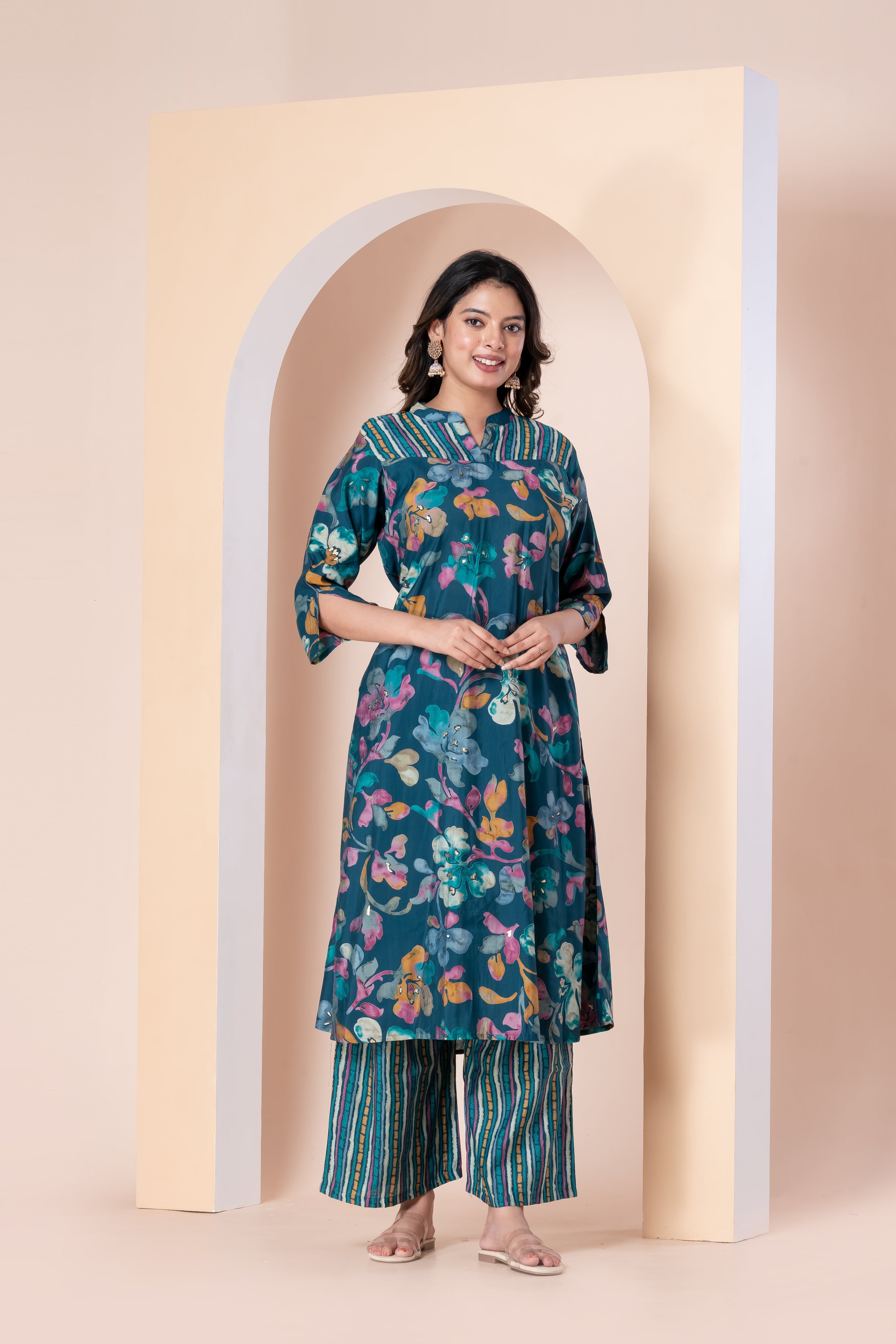 Teal Floral Printed Kurta Set with Striped Palazzo
