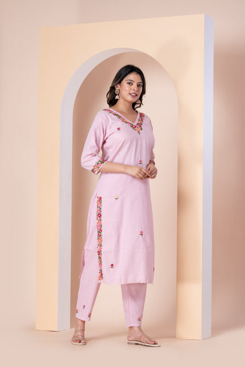 Baby Pink Floral Embroidered Kurti Set with Pant for