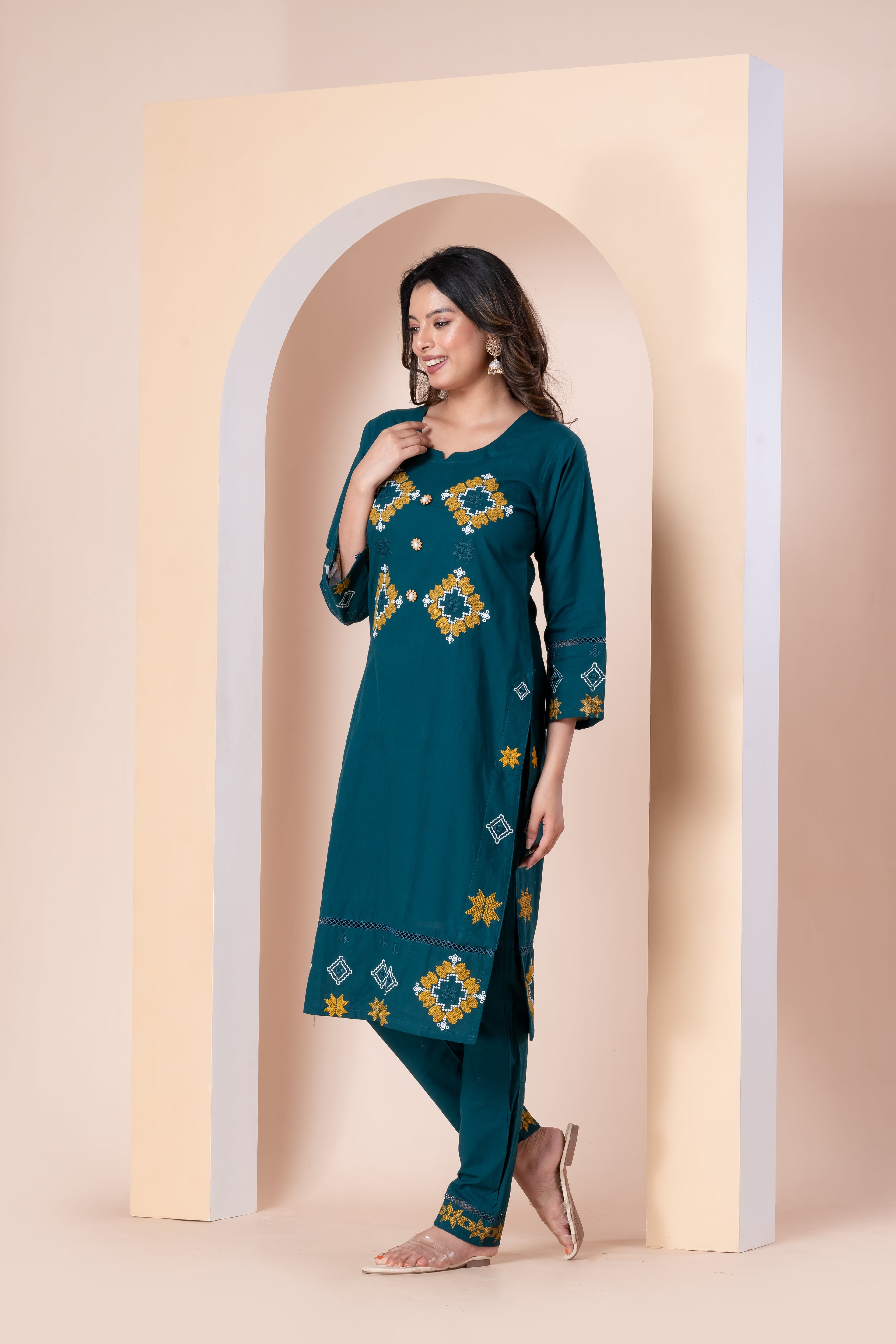 Teal Green Embroidered Kurti Set with Pant
