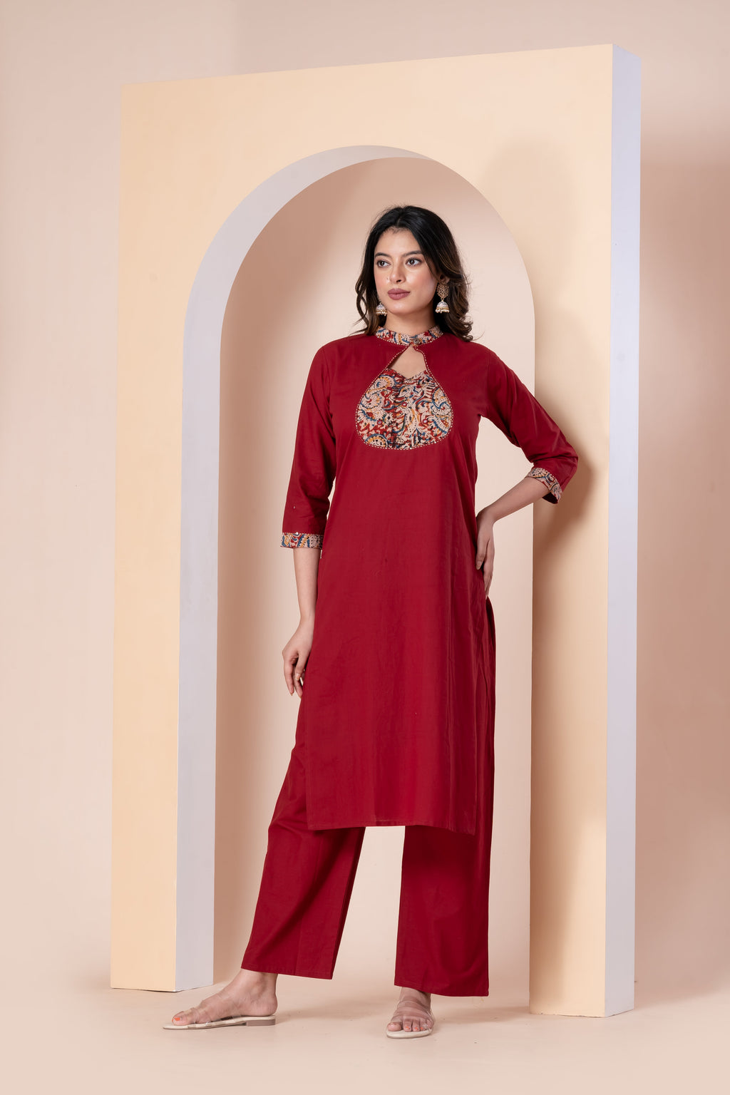 Maroon Red Printed Yoke Kurti Set with Pant