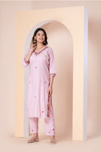 Baby Pink Floral Embroidered Kurti Set with Pant for