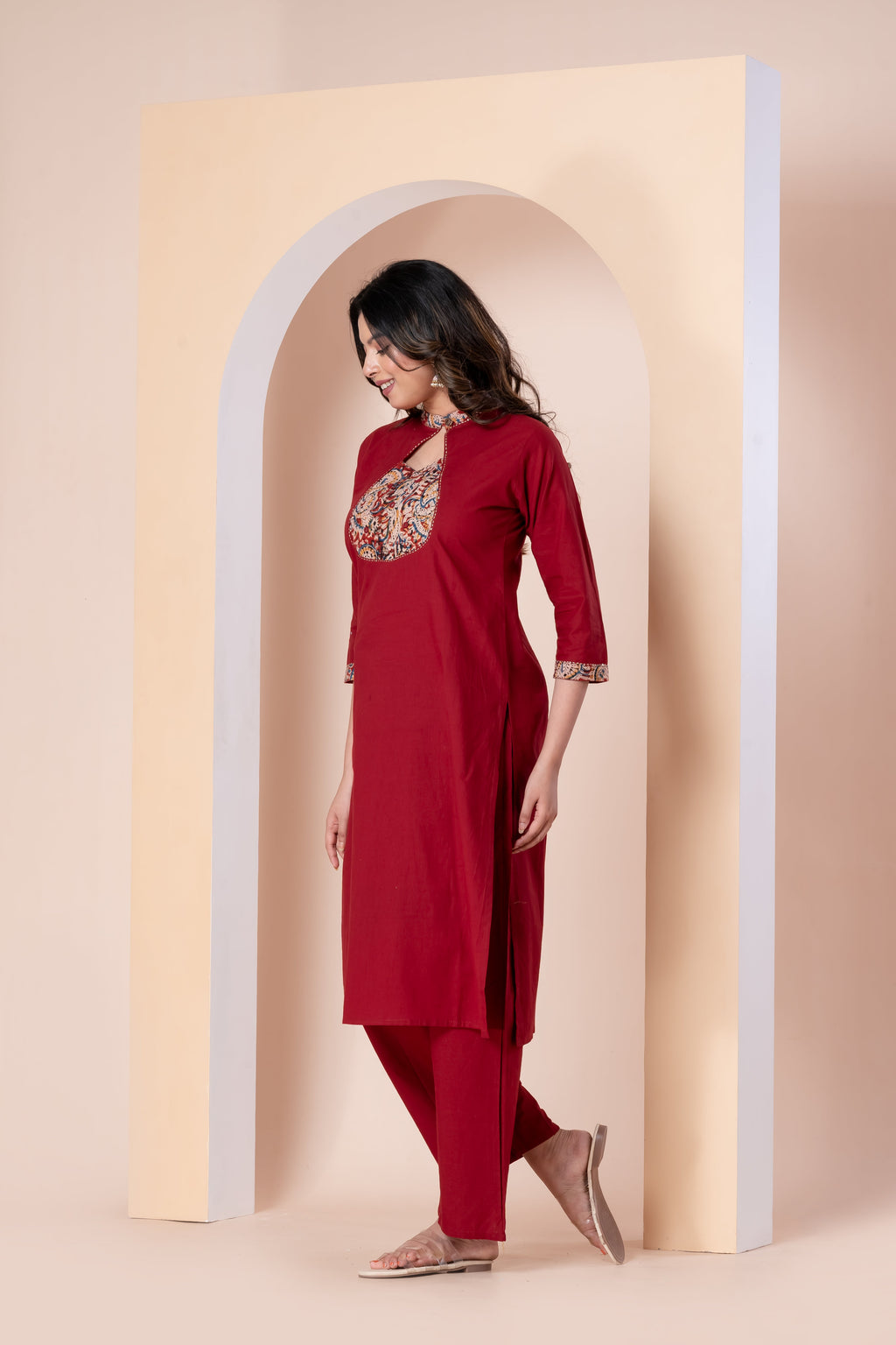 Maroon Red Printed Yoke Kurti Set with Pant