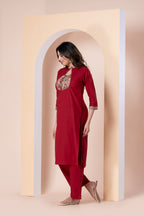Maroon Red Printed Yoke Kurti Set with Pant