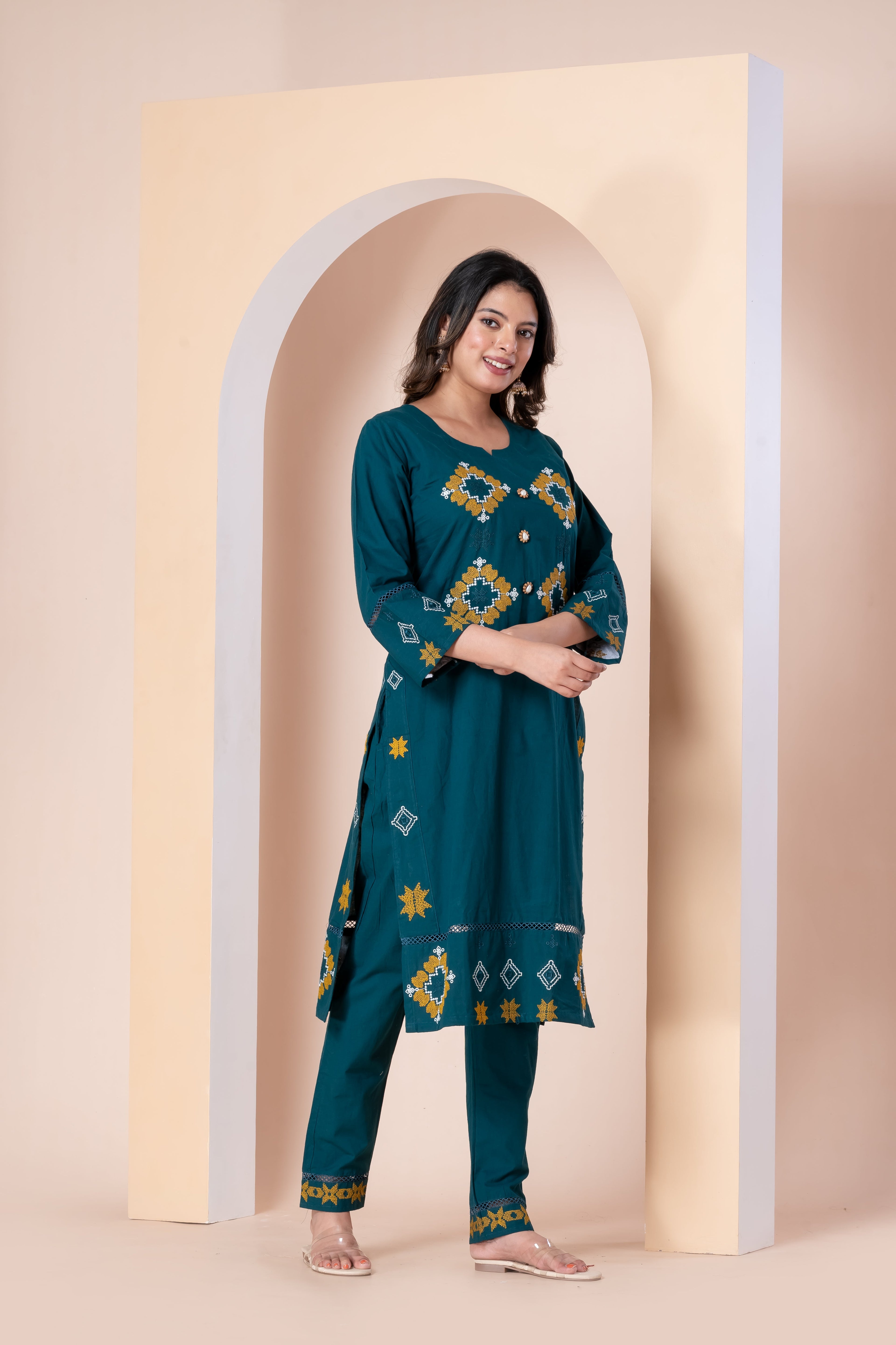 Teal Green Embroidered Kurti Set with Pant
