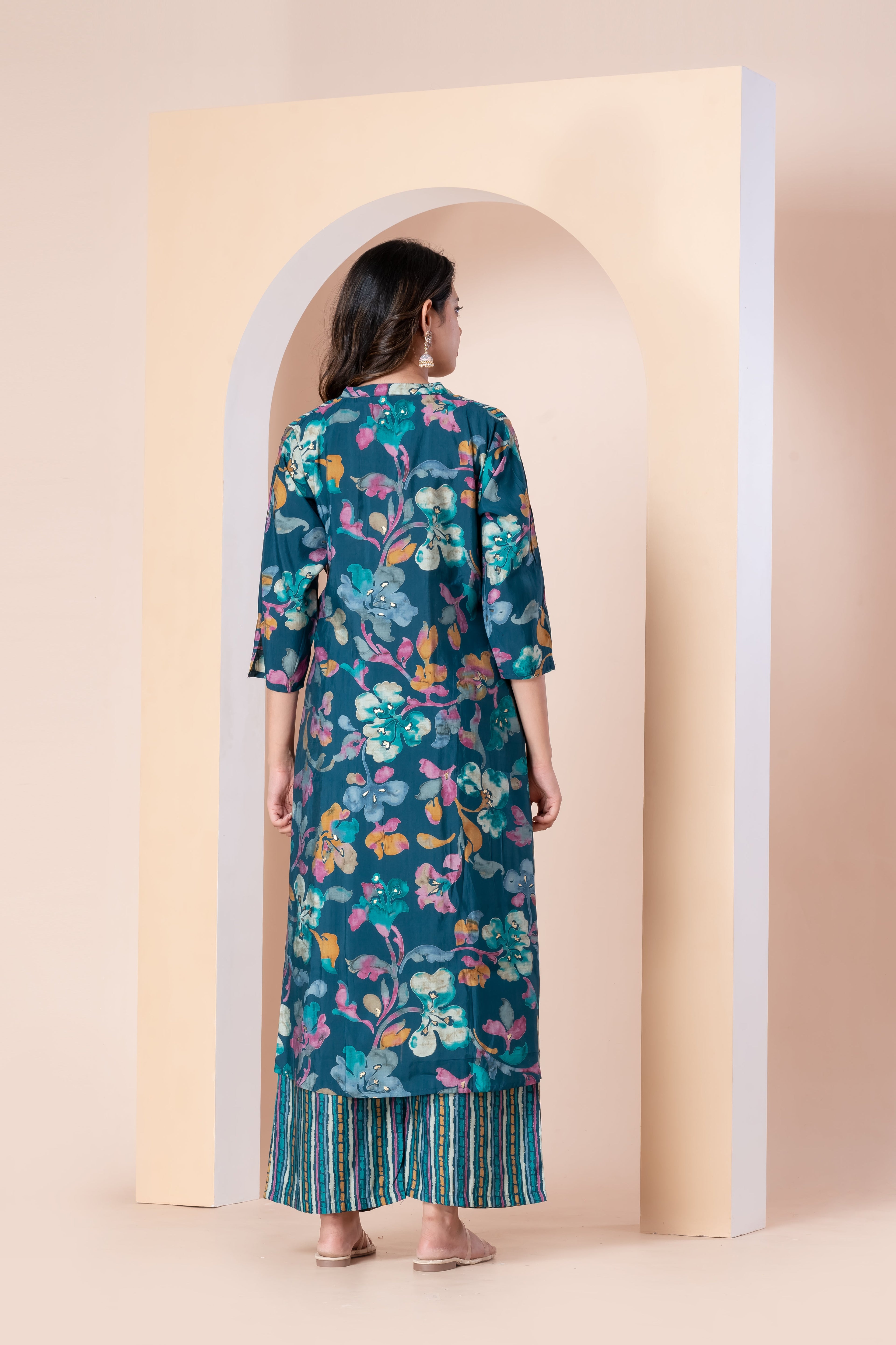 Teal Floral Printed Kurta Set with Striped Palazzo