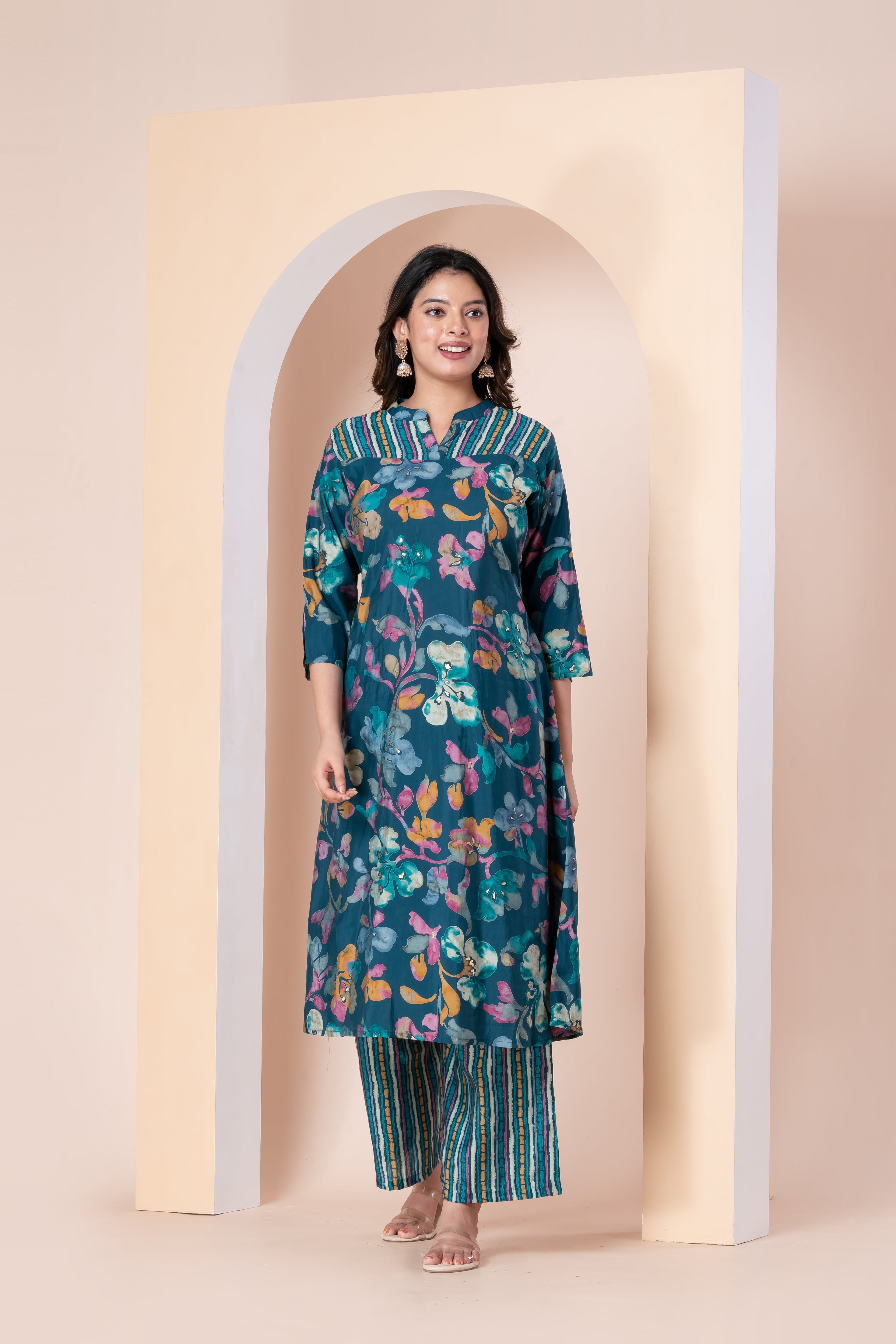 Teal Floral Printed Kurta Set with Striped Palazzo