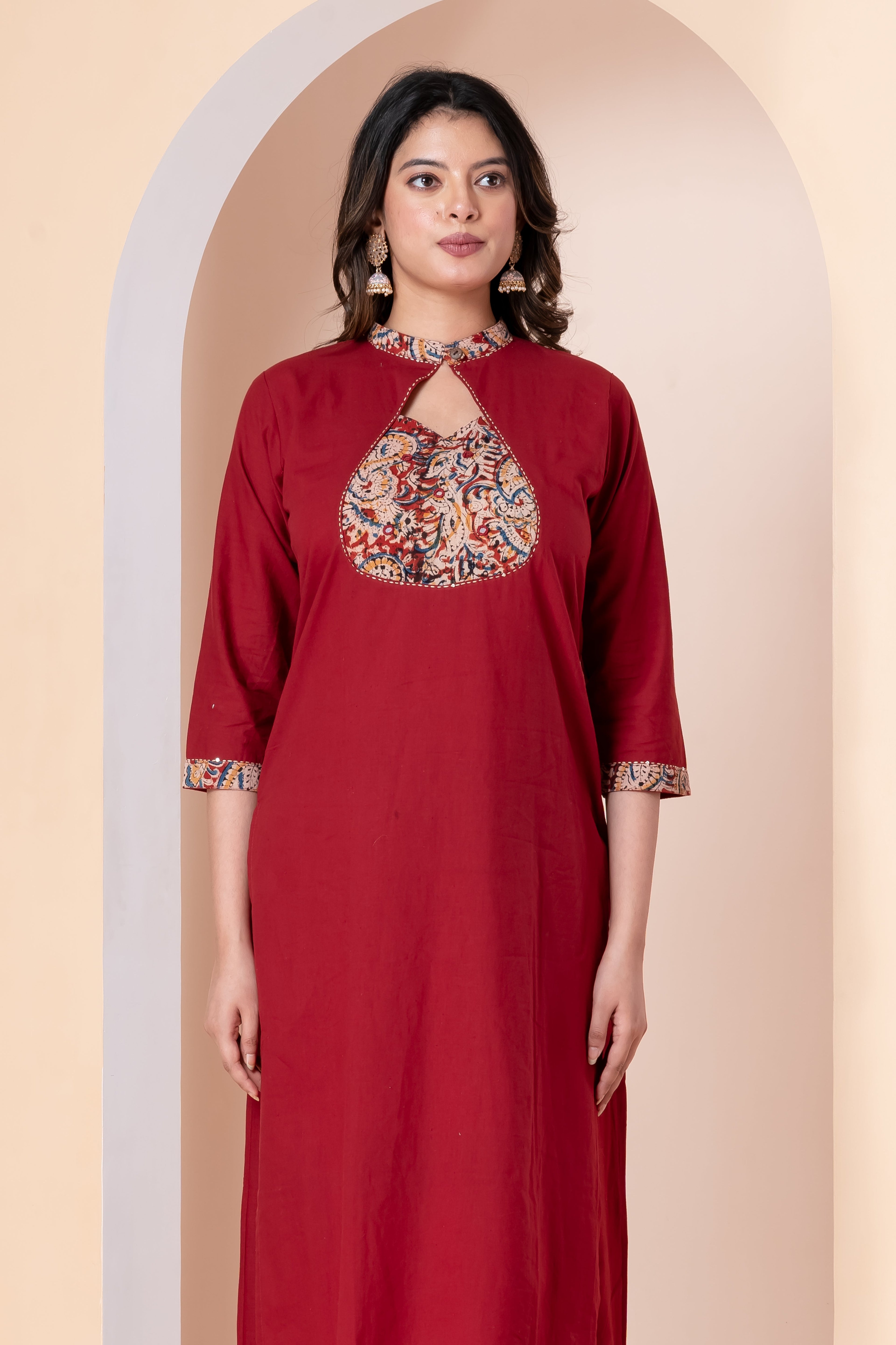 Maroon Red Printed Yoke Kurti Set with Pant