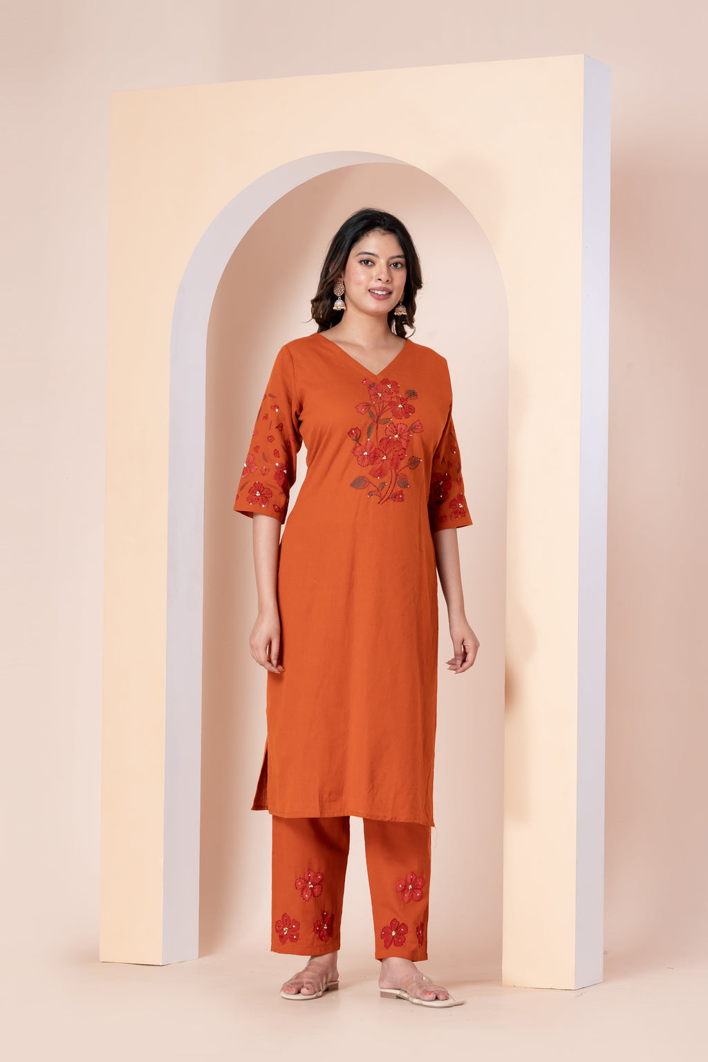 Rust Orange Embroidered Kurta Set with Straight Pants