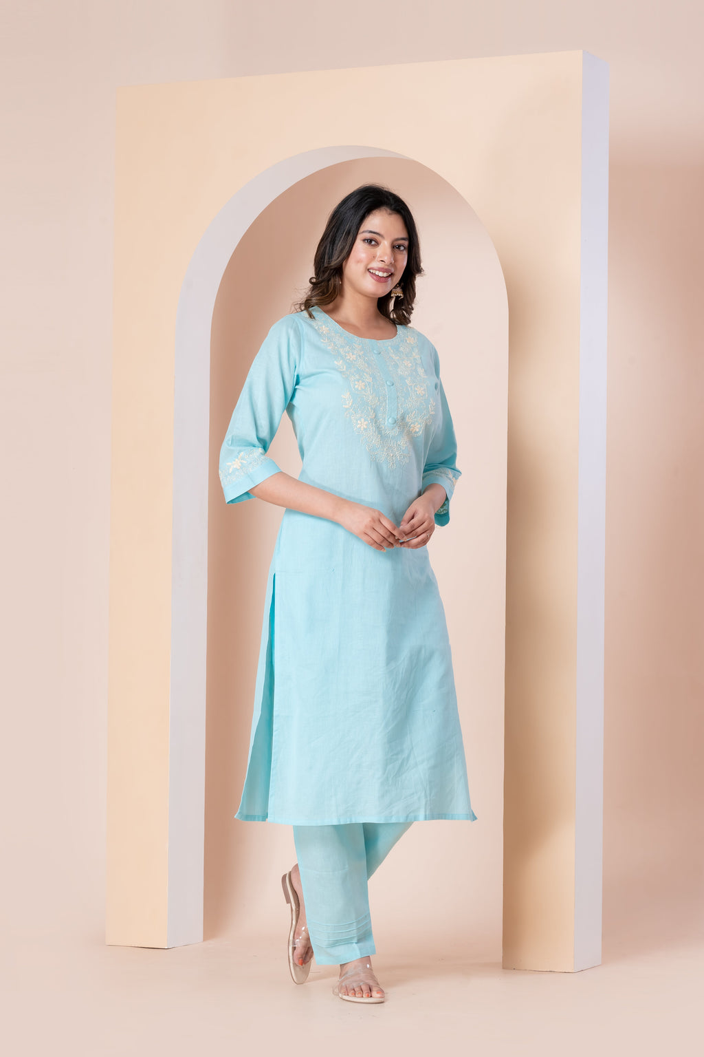 Sky Blue Embroidered Kurta Set with Straight Pants