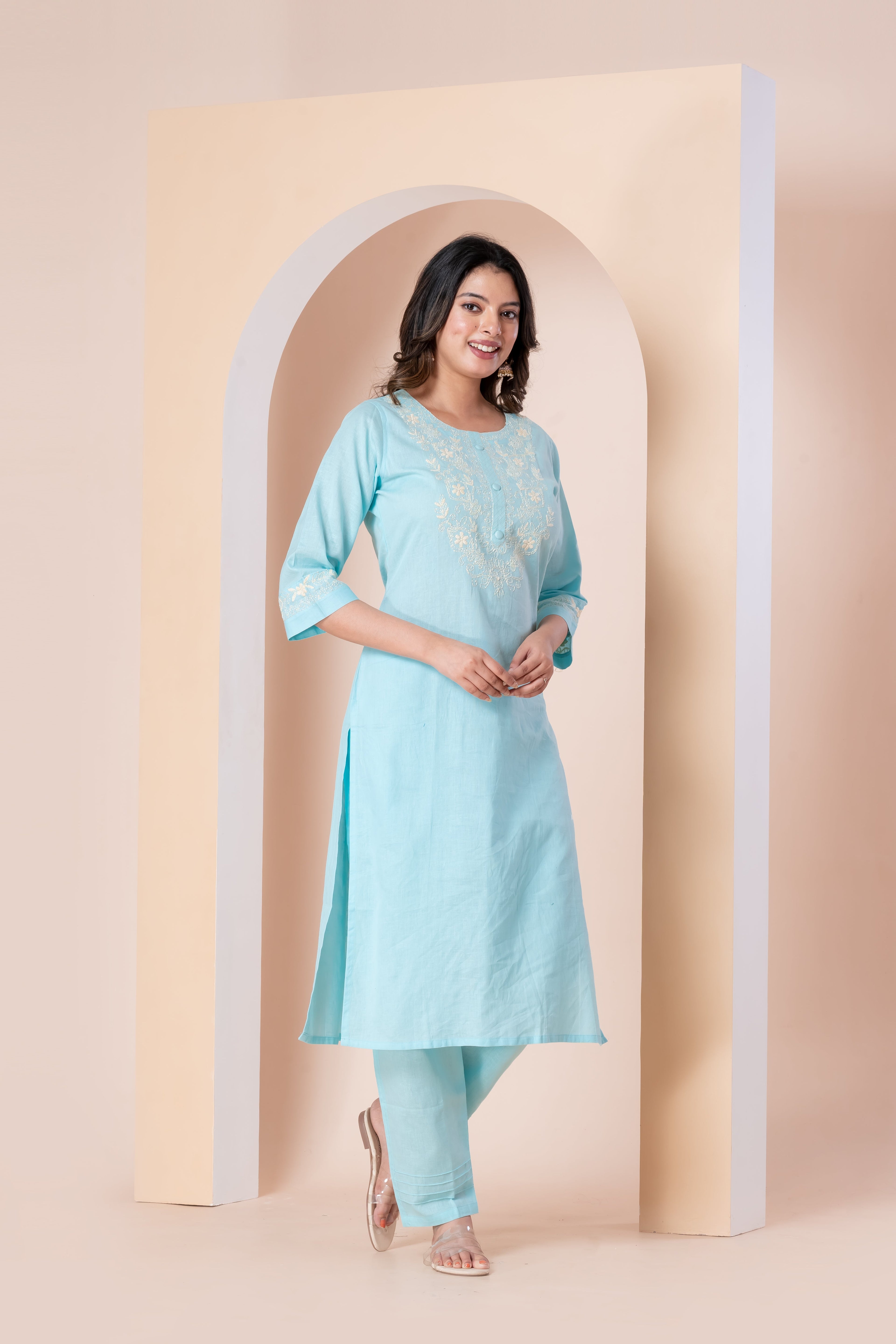 Sky Blue Embroidered Kurta Set with Straight Pants