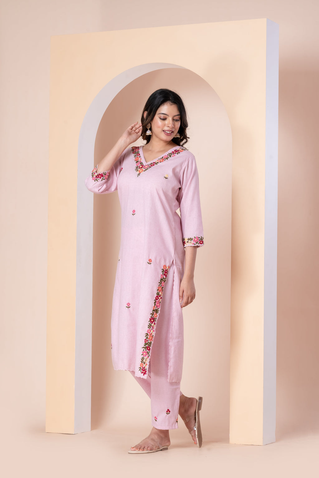 Baby Pink Floral Embroidered Kurti Set with Pant for