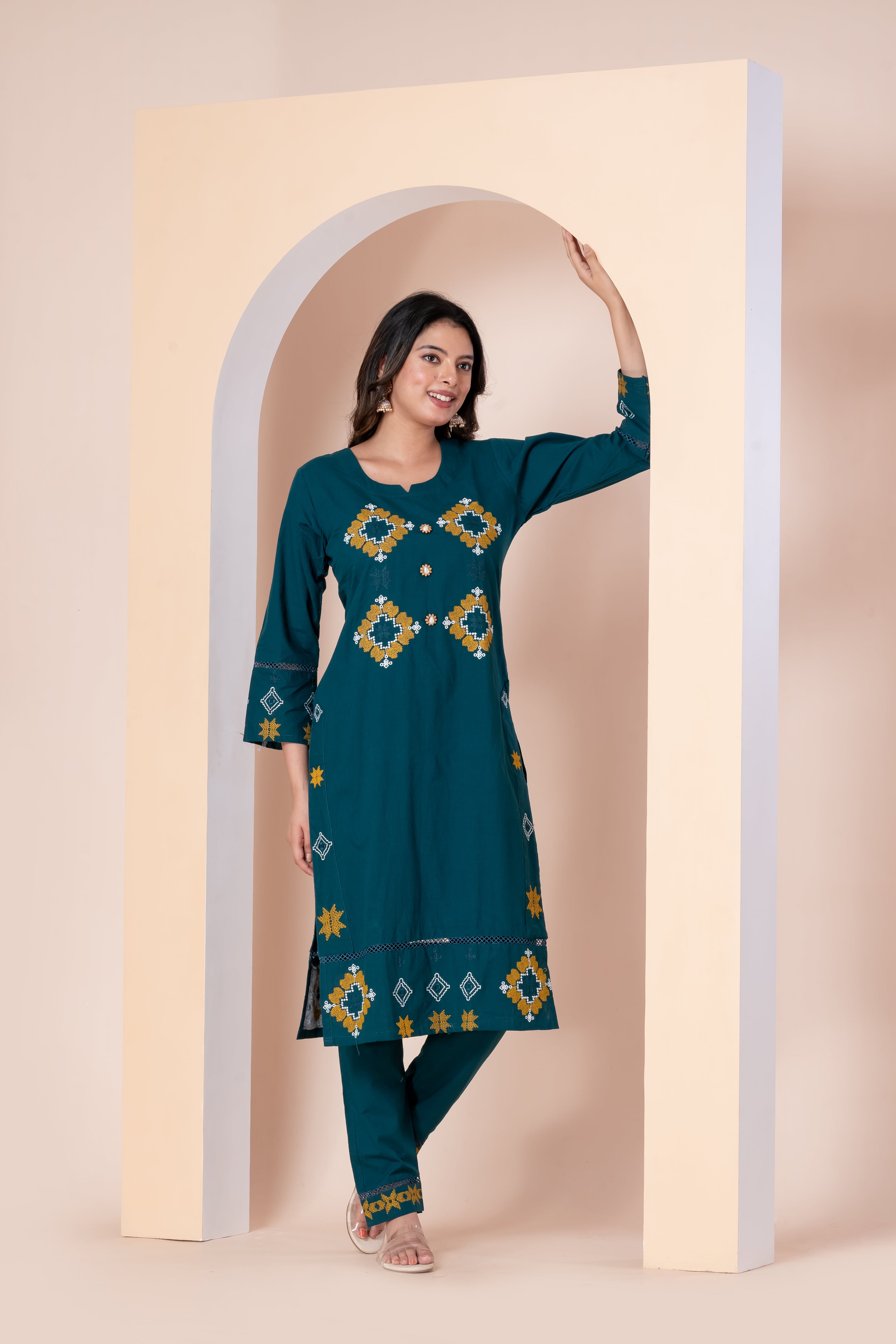 Teal Green Embroidered Kurti Set with Pant