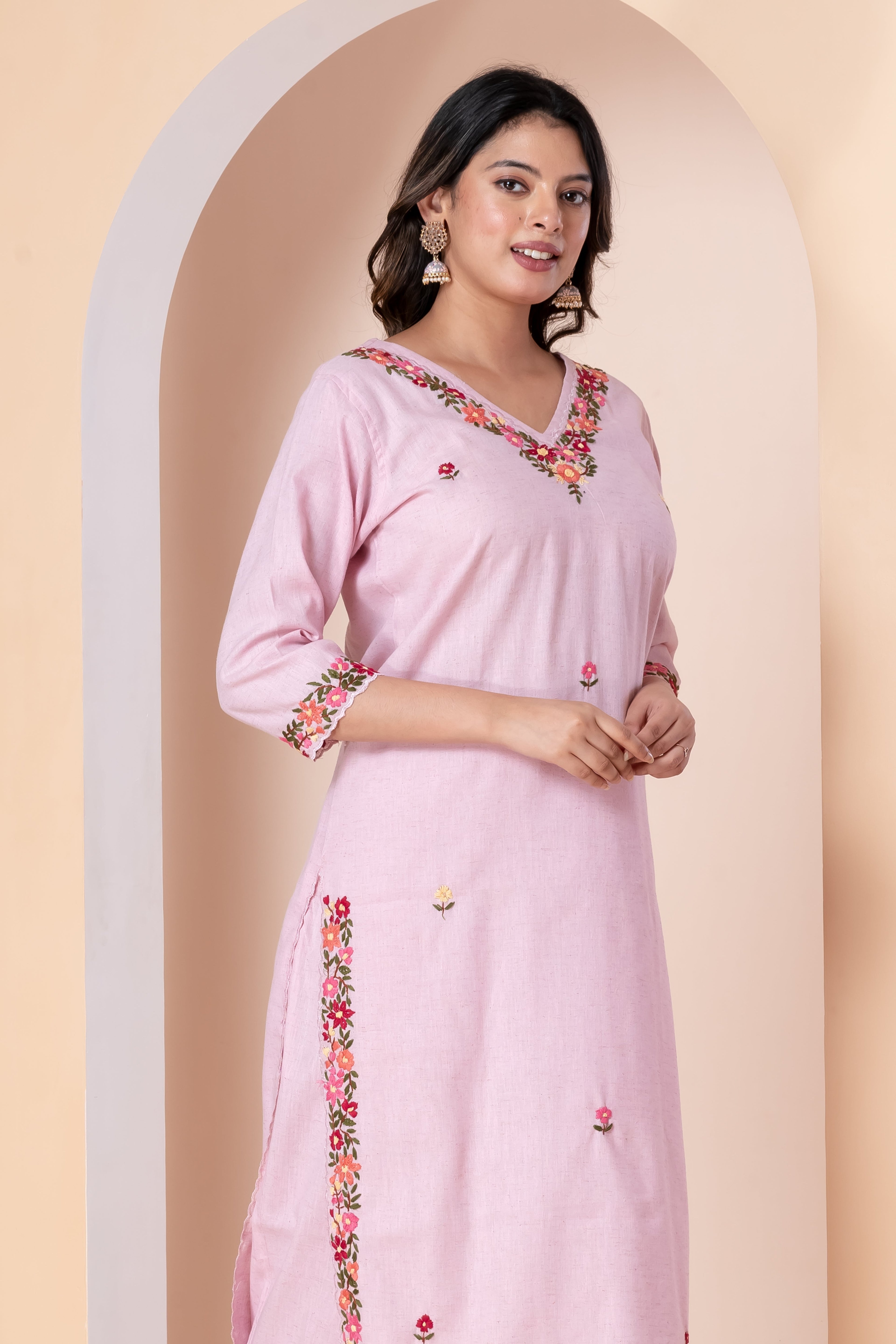Baby Pink Floral Embroidered Kurti Set with Pant for