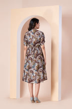 Brown Tie-Dye Printed A-Line Dress with Front Buttons