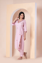 Baby Pink Floral Embroidered Kurti Set with Pant for